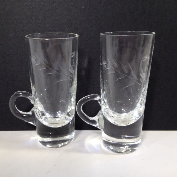 (2) Vintage Crystal Cut Etched Cordial Liqueur Glass Shot Glasses w/ Handles - Picture 11 of 11